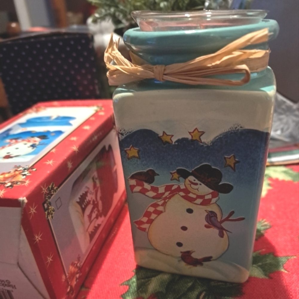 🌲Vintage Snowman jar/candleholder in original box MAYRICH CO